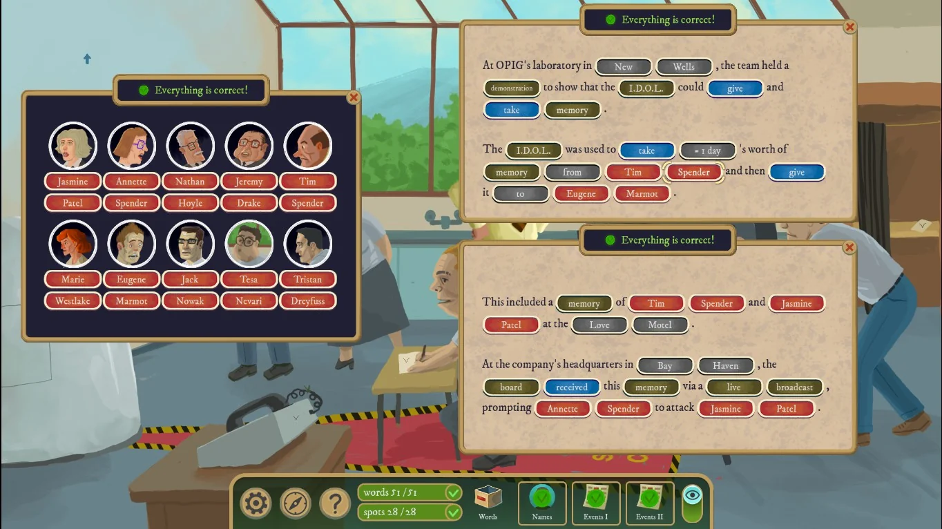 Rise of the Golden Idol Boardroom Brawl solution with the completed names and events scrolls