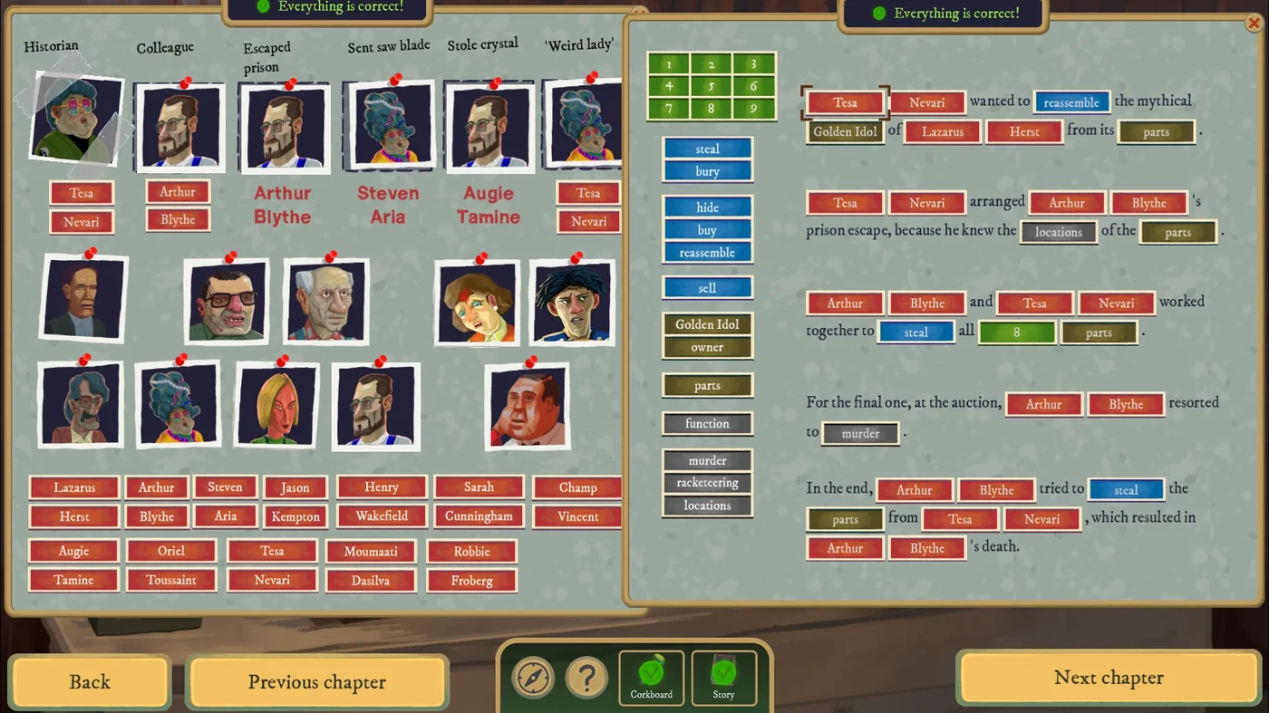 Rise of the Golden Idol Chapter 2 The Pursuit chapter scroll solution with the corkboard and story