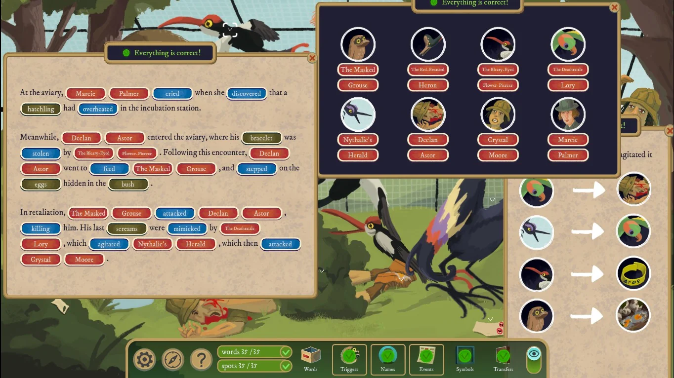 Rise of the Golden Idol Feathered Frenzy solution with the completed bird guide, names and events scrolls