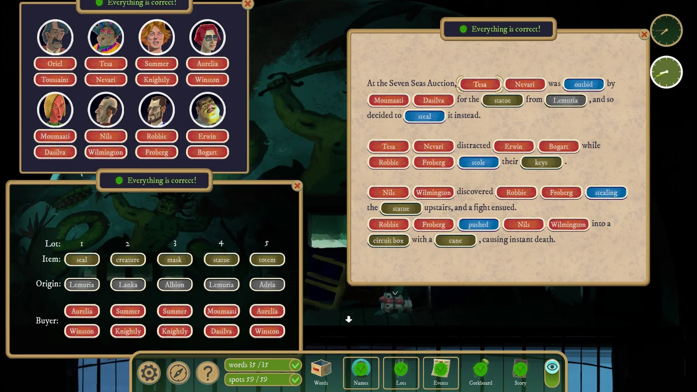 Rise of the Golden Idol Going Once! solution with the completed names and events scrolls