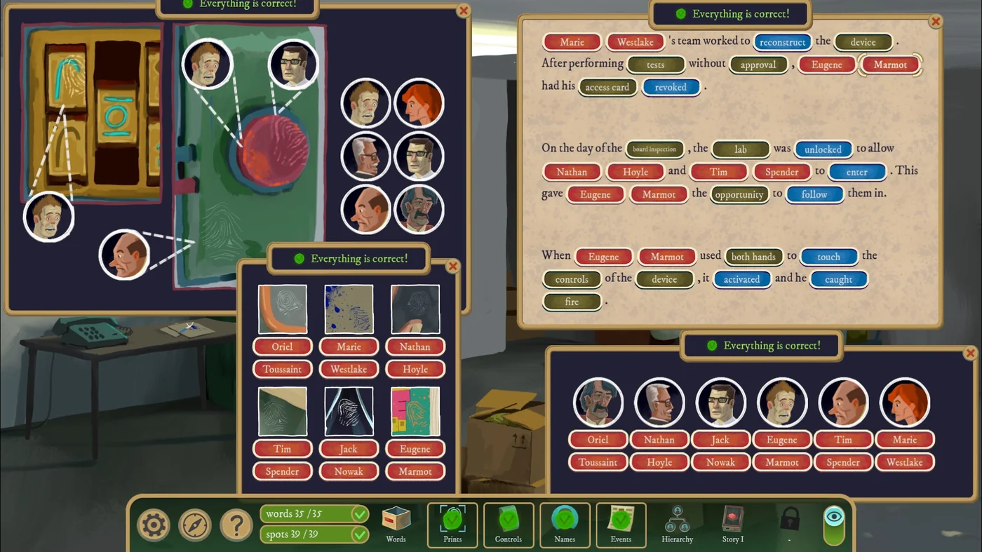 Rise of the Golden Idol Ignition solution with the completed fingerprints, names and events scrolls