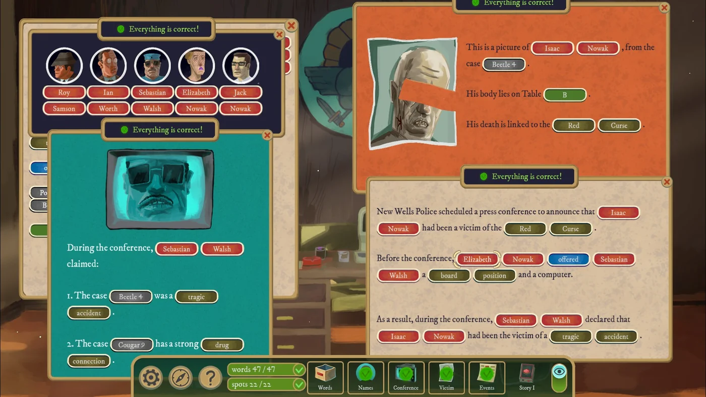 Rise of the Golden Idol Newsflash solution with the completed case names and events scrolls