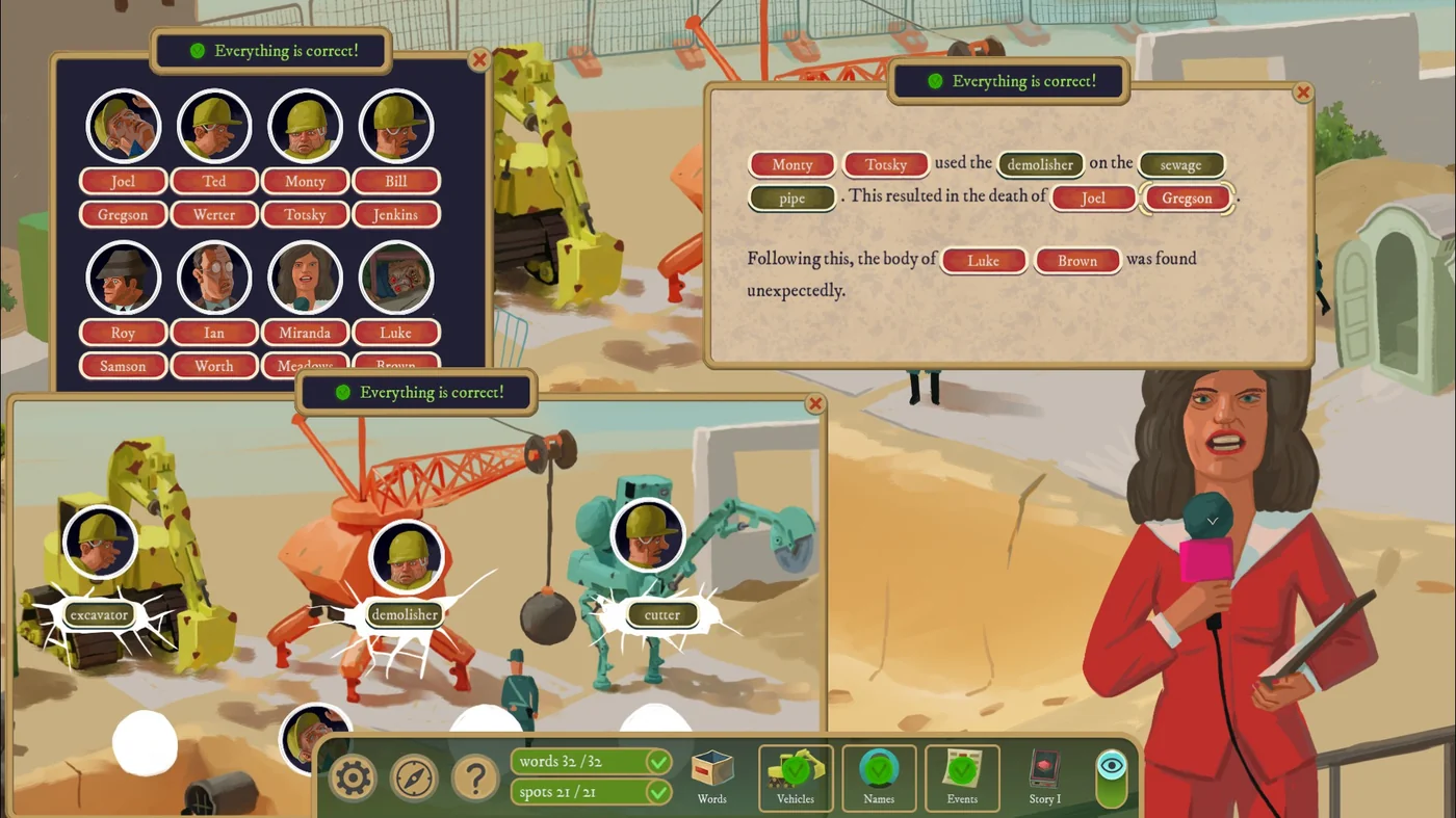 Rise of the Golden Idol Under Construction solution with the completed names, vehicles and events scrolls