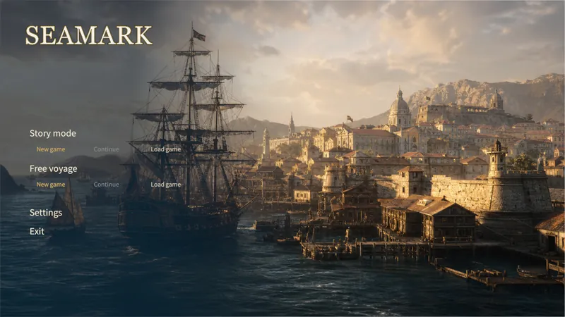 Seamark title screen with separate new game and continue options for Story Mode and Free Voyage