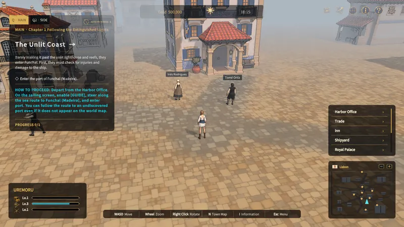 Town HUD showing the current objective, facility list, and minimap