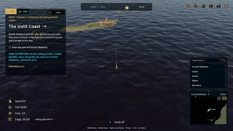 Sea HUD with destination, wind, and ship status