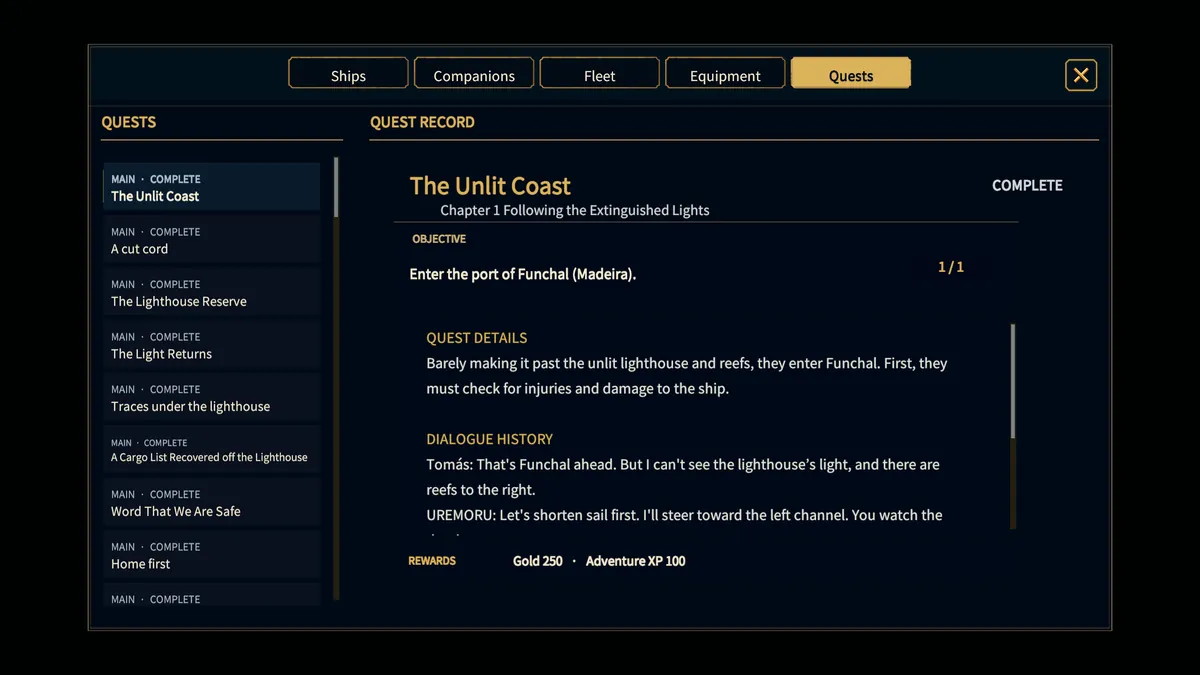 Quest journal with the quest list on the left and the current objective on the right