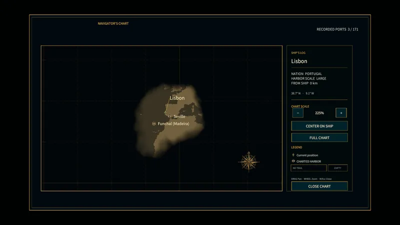 World map with visited ports, ship position, explored waters, and trail controls