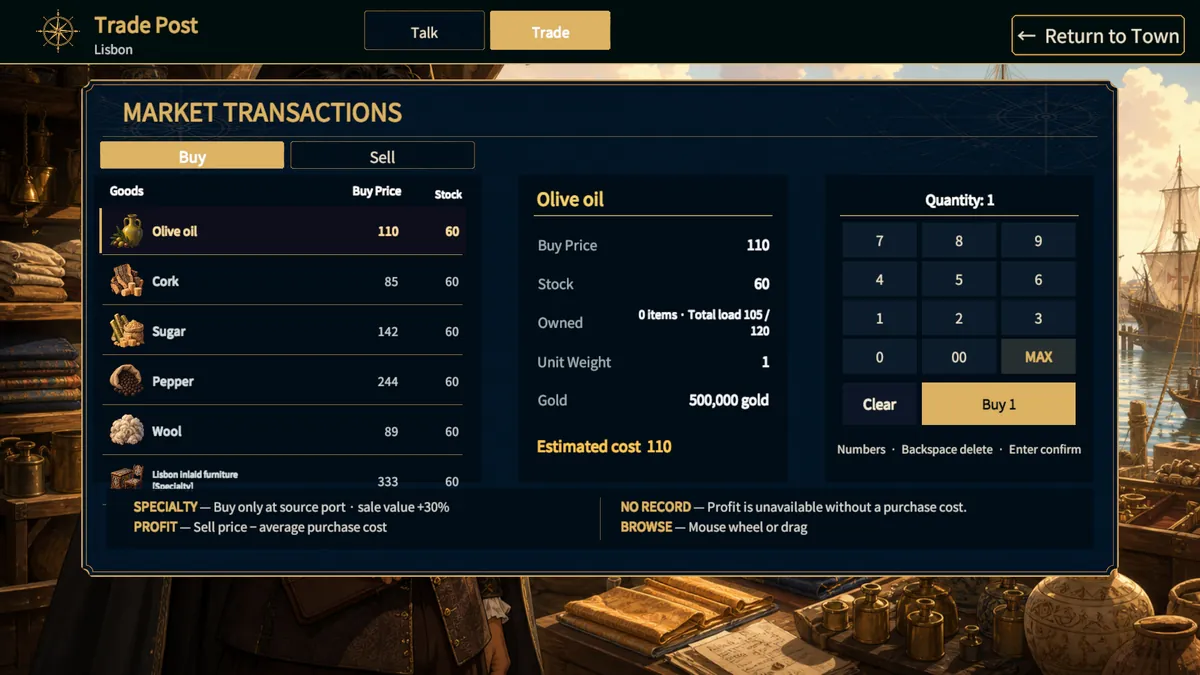 Trading Post Buy tab with unit price, stock, quantity, and total cost