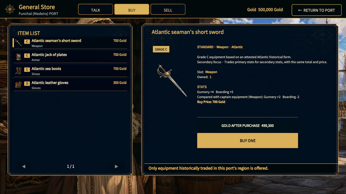 General Store Buy tab with an item's description, stats, and price