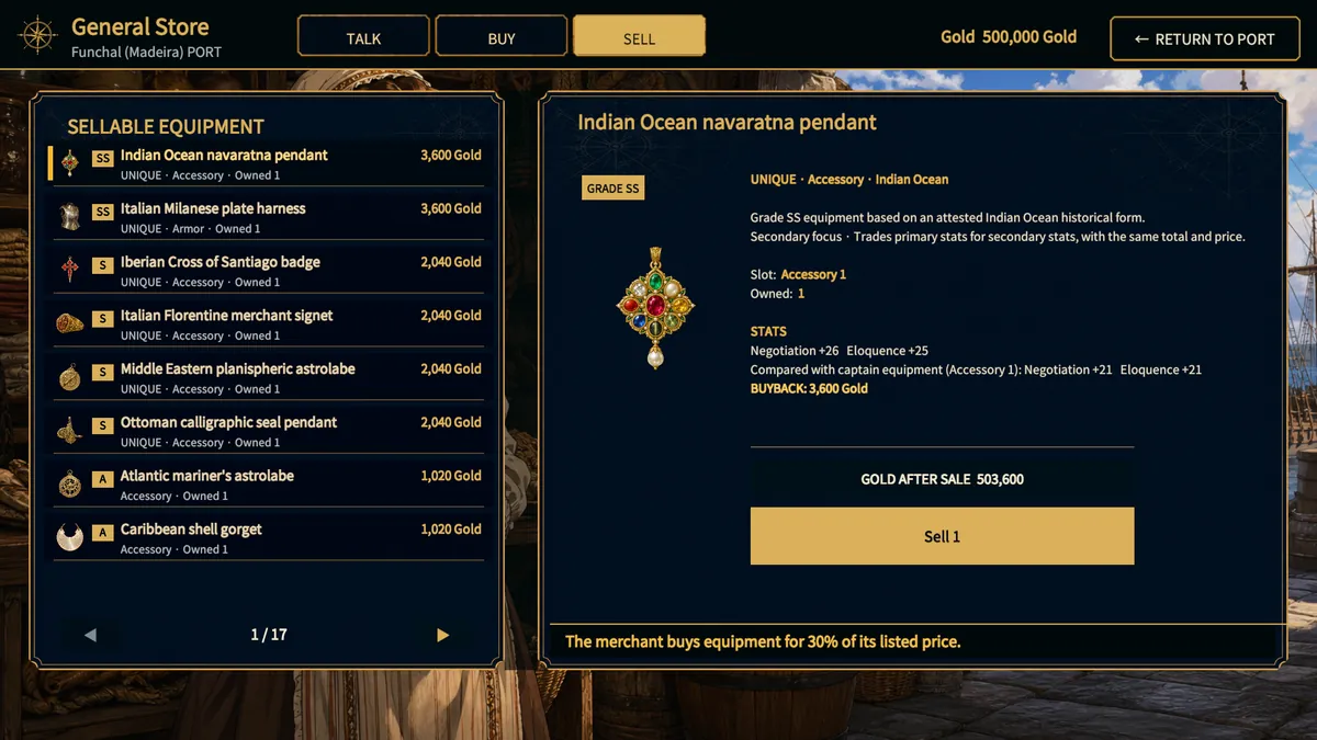 General Store Sell tab with owned equipment and sale price