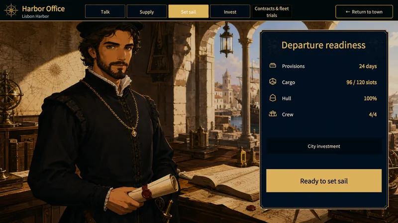 Departure readiness panel with provisions, cargo, hull, and crew