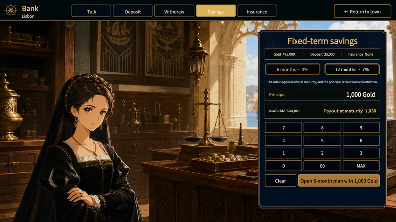 Fixed-term savings tab with the 6-month and 12-month plans and payout at maturity