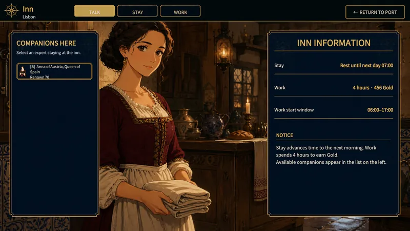 Inn screen with available companions and Stay and Work details