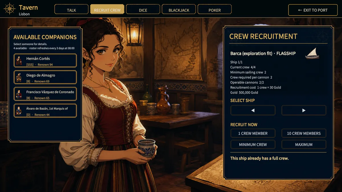 Tavern crew recruitment panel with available companions and ship crew numbers