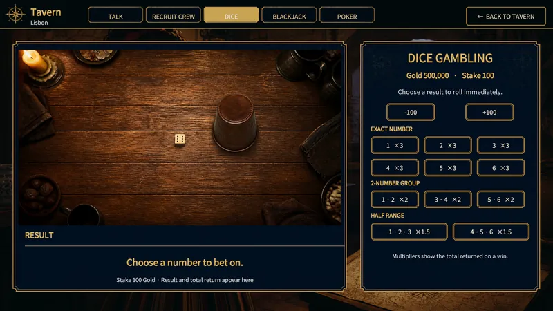 Dice game with bet options and payout multipliers