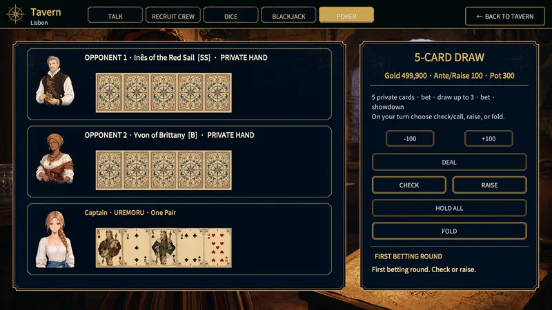 Five-card draw poker table with opponents, wager, and action buttons