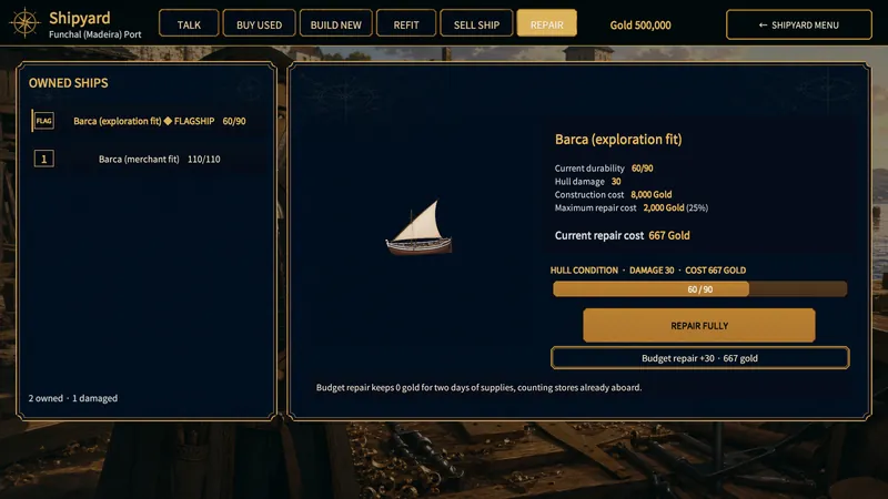 Shipyard repair tab with hull damage, repair cost, and budget repair
