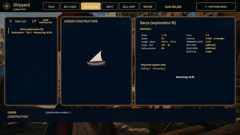 Under Construction tab with a pending order and its remaining build time