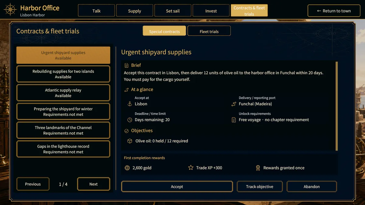 Special contract details with acceptance port, delivery port, deadline, and rewards