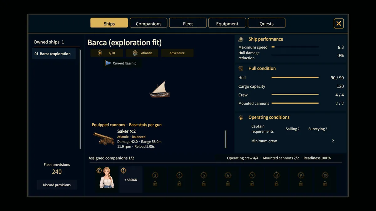 Ship information screen with hull, crew, cargo, cannons, and captain requirements