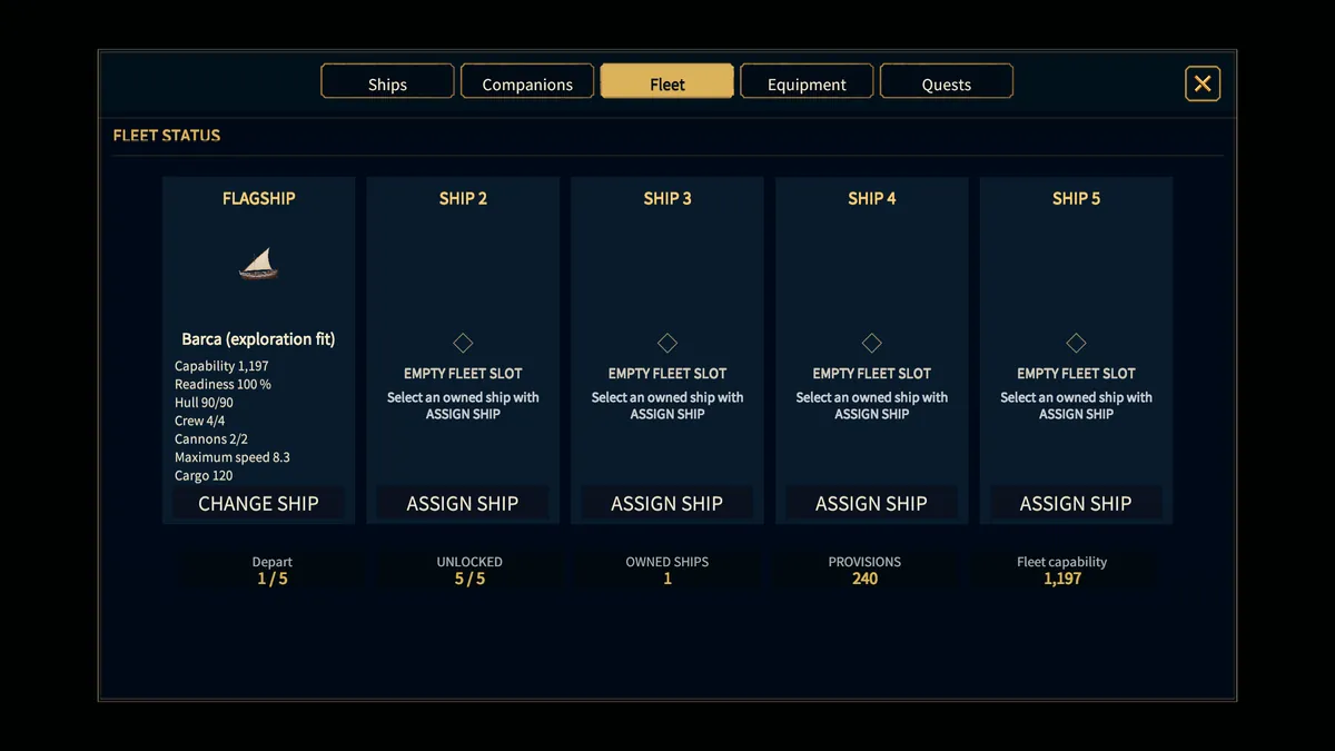 Fleet status screen with the flagship and four empty fleet slots