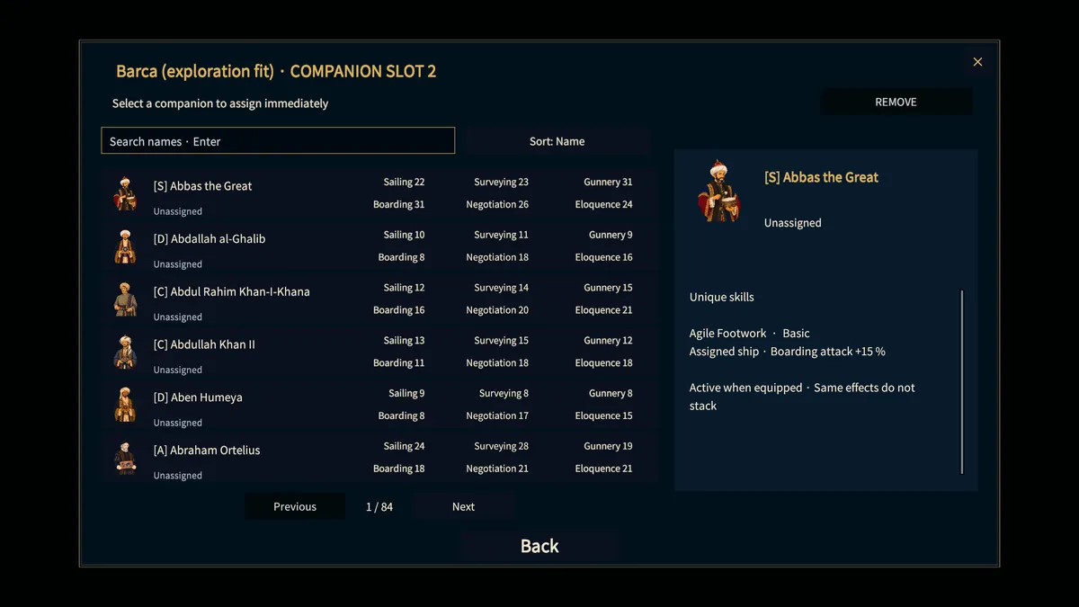 Companion slot assignment list with each companion's stats and unique skills