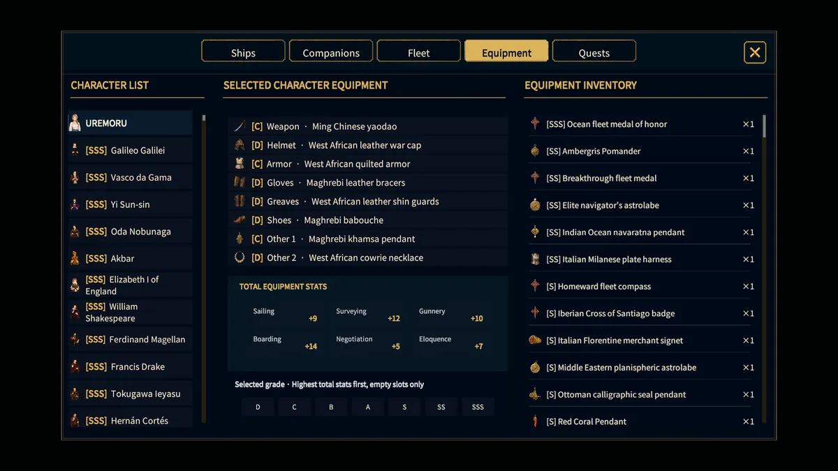 Equipment screen with the character list, equipped items, and inventory