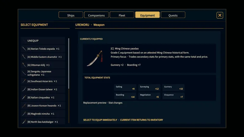 Weapon selection list comparing stored weapons with the equipped one