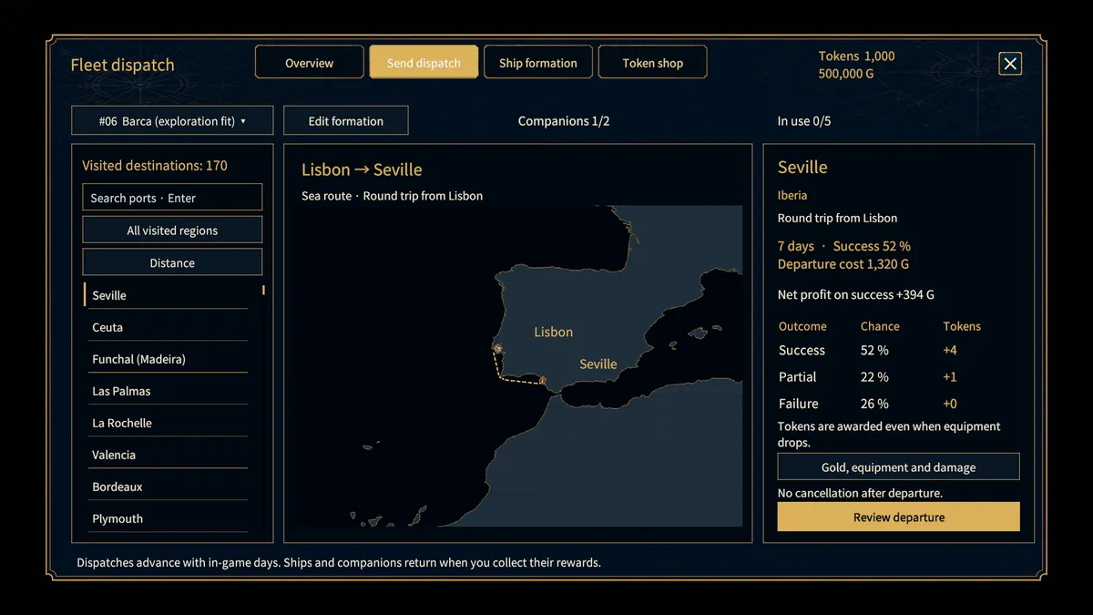 Dispatch plan from Lisbon to Seville with duration, cost, success chance, and token rewards