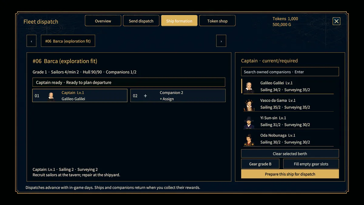 Dispatch ship formation with the companion captain and stat requirements