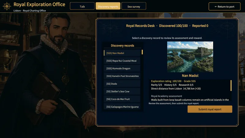 Royal Records Desk with discovery records, assessment, and the Submit royal report button