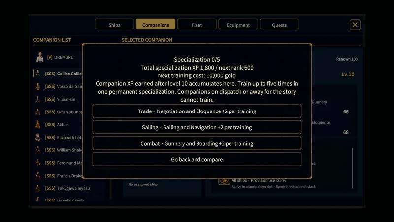 Mastery training options for a level 10 companion with cost and experience totals