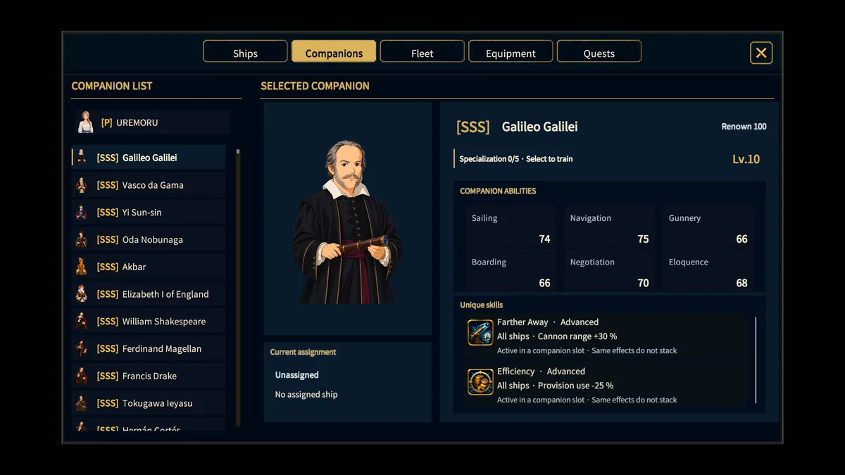 Companion details showing unique skills and their scope