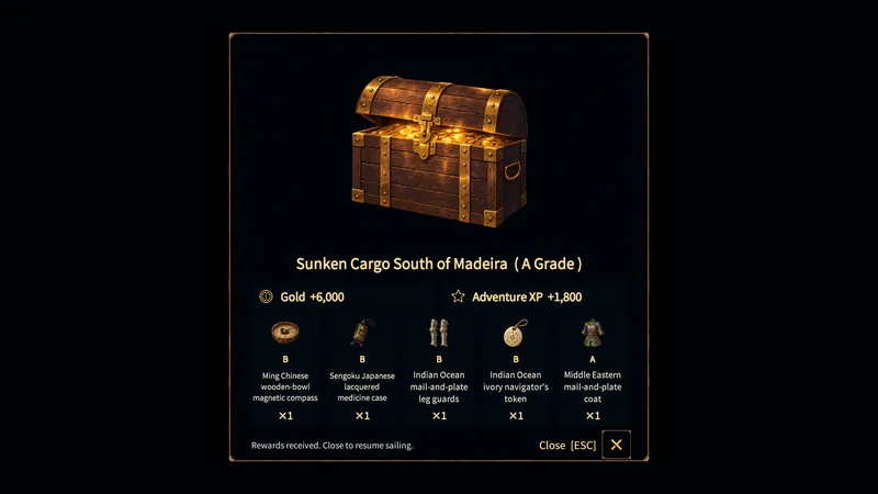 Treasure recovery reward window with gold, adventure experience, and equipment