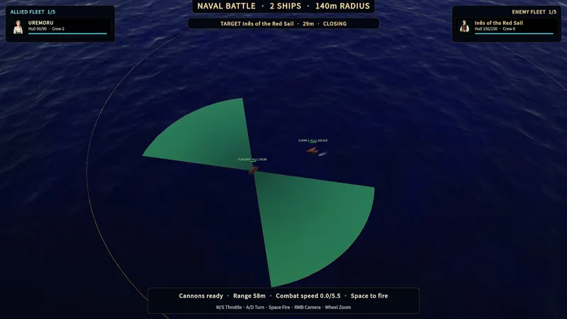 Naval battle HUD with target distance, firing arcs, and fleet panels