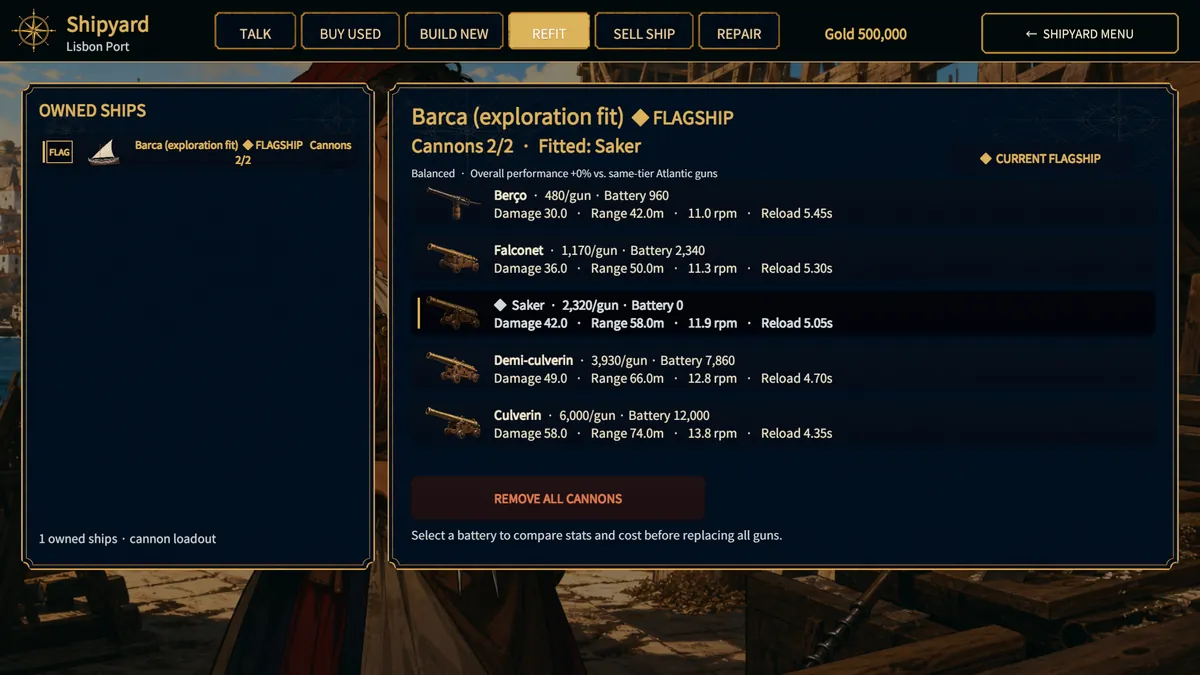 Shipyard refit screen comparing cannon models by damage, range, reload, and cost