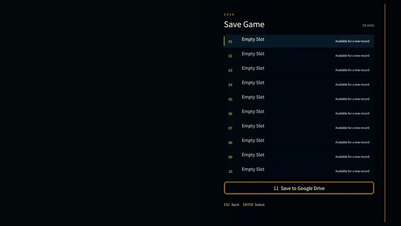 Save Game screen with ten manual slots and the Google Drive slot