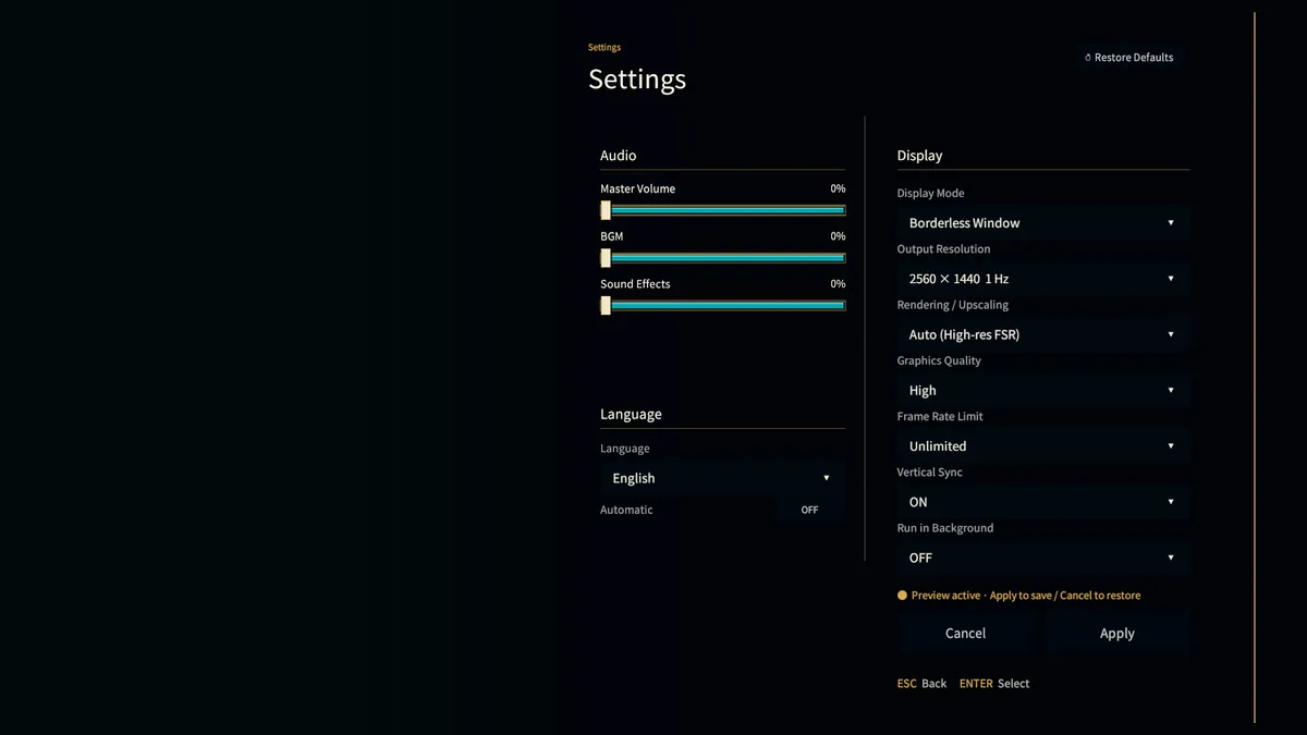 Settings screen with audio, language, and display options