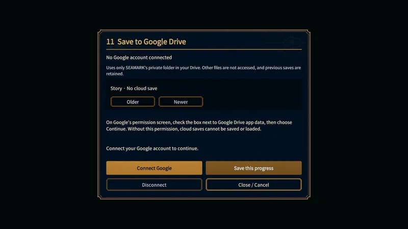 Google Drive slot 11 save panel before connecting an account