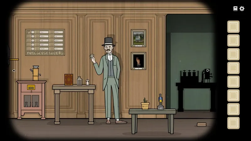 Aldous's lab with the symbol board, tables, and a chemistry set