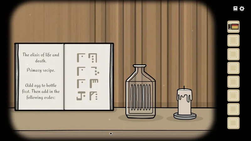Recipe book for the elixir next to a bottle and a candle