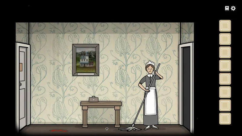 Kate the maid mopping the upstairs hallway