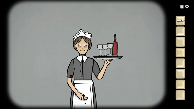 Maid holding a tray with wine glasses and a bottle