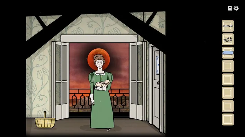 Alexandra holding James in front of the balcony doors