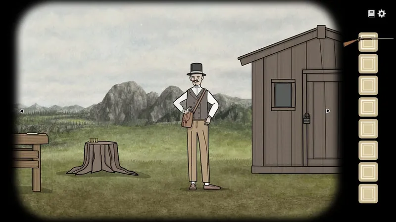 Aldous standing outside the shed next to a tree stump and a table
