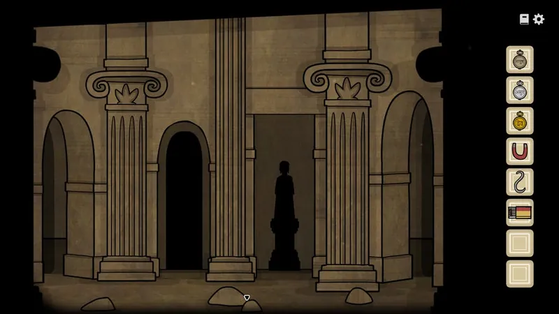 Cellar room with a statue ahead and doorways on either side