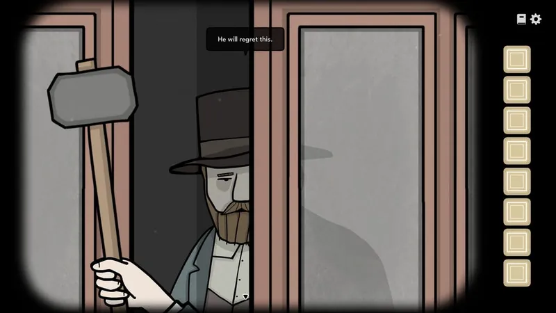 William holding a sledgehammer behind the glass doors
