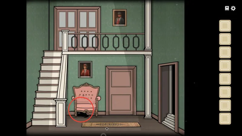 Hallway with the shadow under the pink chair circled