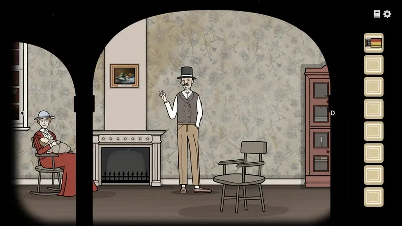 Living room with Aldous by the fireplace and Alexandra in a chair